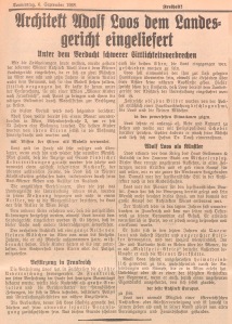Die „Freiheit!“ berichtet am 6. September 1928 über die Verhaftung von Adolf Loos und französische Reaktionen darauf.
